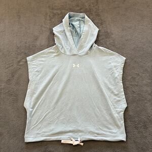 Under Armour Rival Terry Harbor Blue Loose Fit Short Sleeve Hoodie Womens Size M